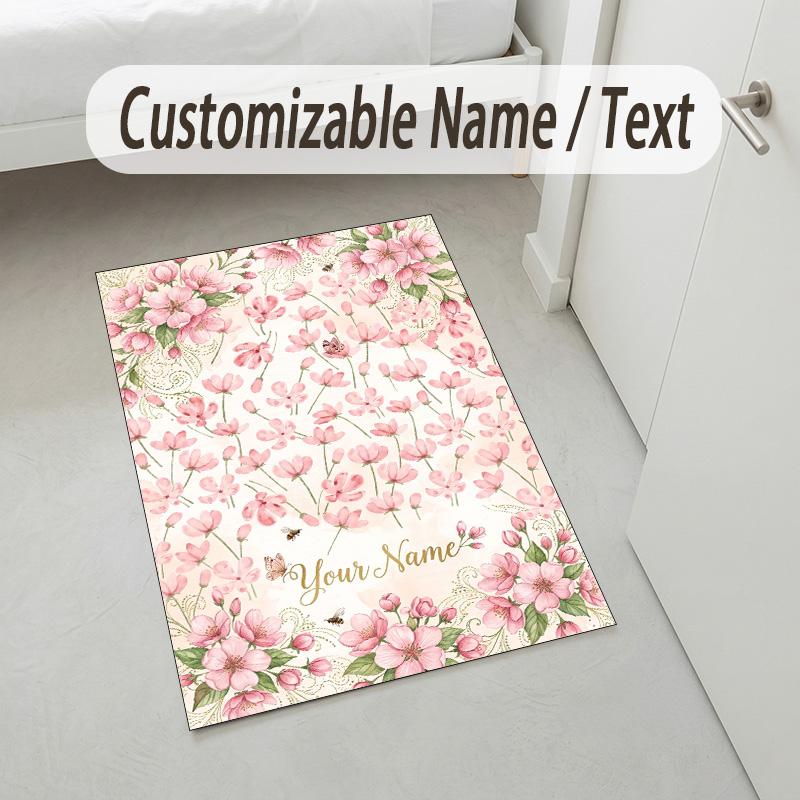 Cherry Blossom Theme Soft Crystal Velvet Rug Custom Name & Text Print Non Slip Floor Rug for Bedroom Living Room