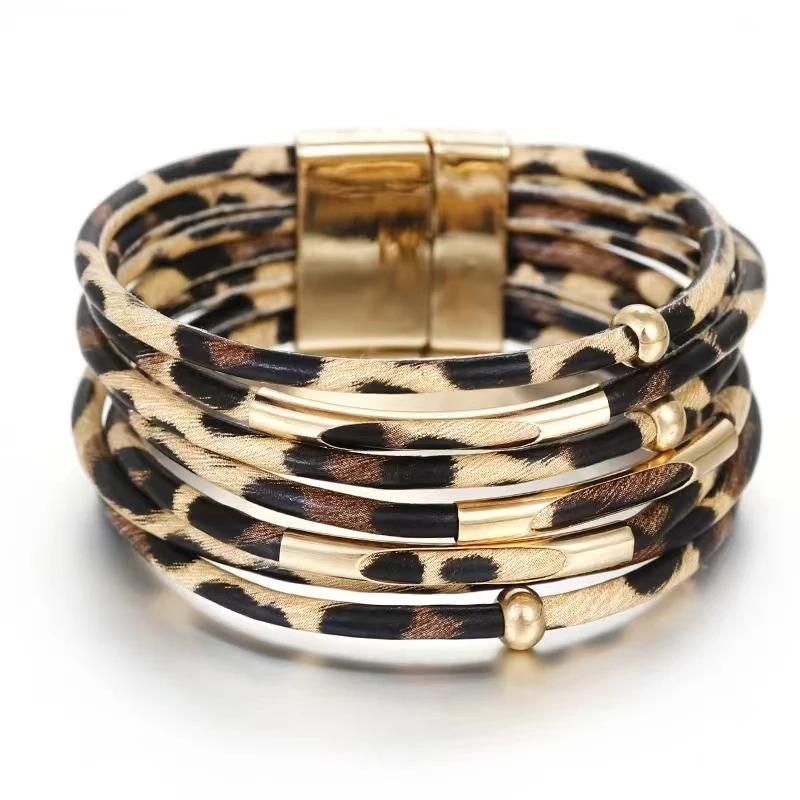 

Vintage Metal Tube Leopard Leather Bracelet For Women Men Boho Multilayer Wrap Wide Bracelet Charm Jewelry 19cm