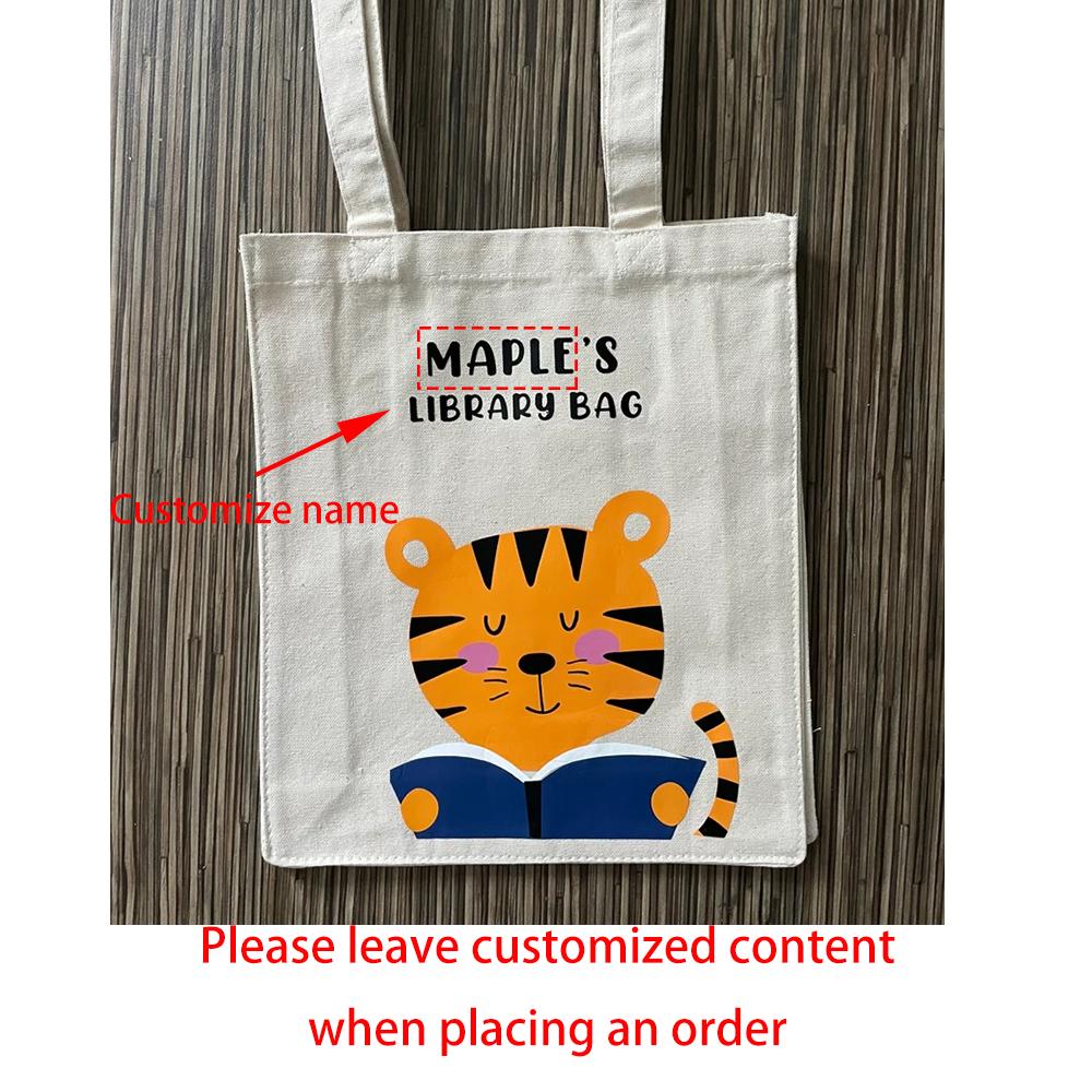 Custom Bunny Library Tote Bag Cute Tiger for Kids Preschool Reading Bag Childs Book Bag Back To School Birthday Gift Baby Shower