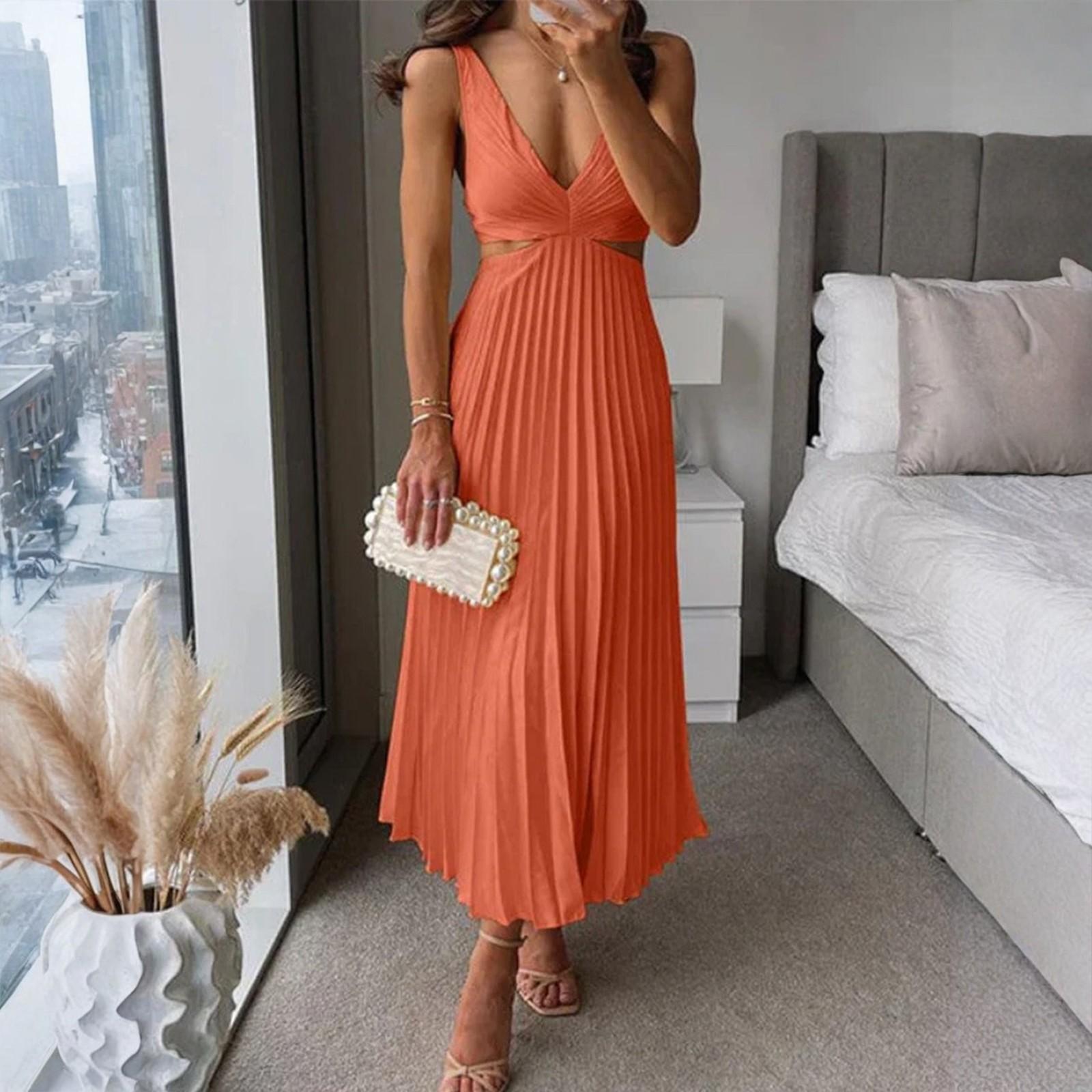 

Ladies Summer Fashionable And Elegant V-neck Sleeveless Hollow Out Backless Color Pleated Dress L шафрановий
