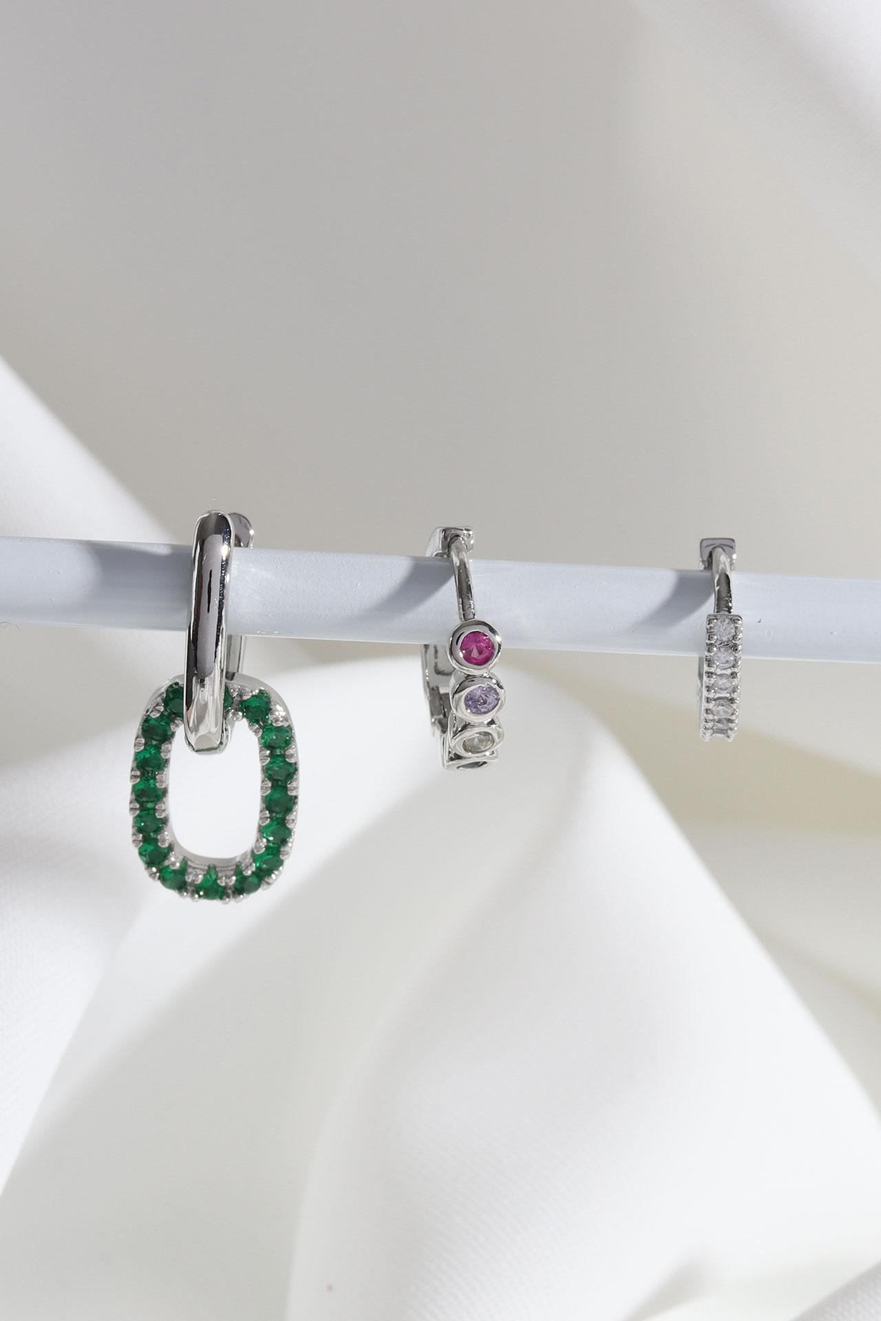 

Серьги-кольца из 3-х частей Vip Collection серебряного цвета с зелеными камнями