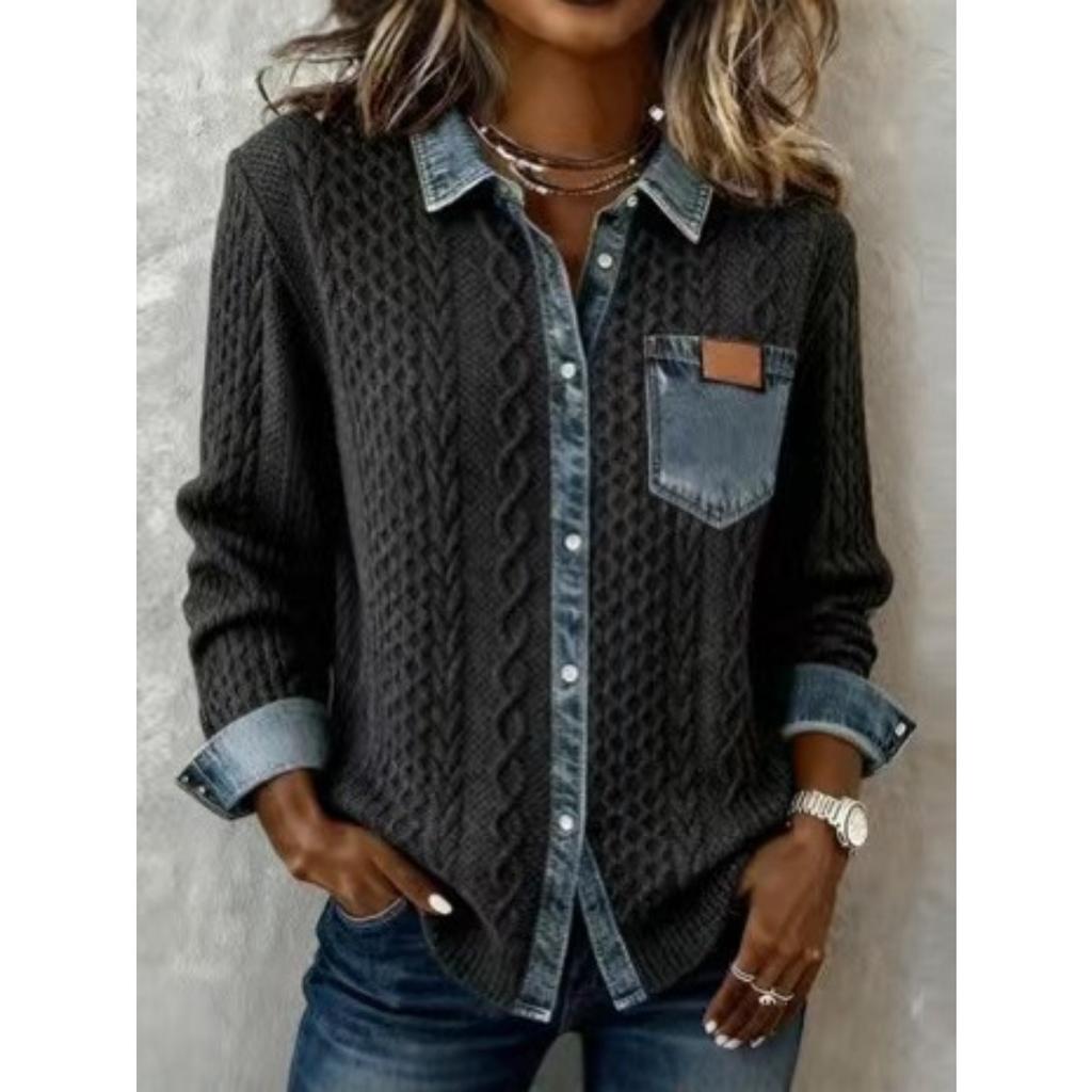 New European and American Style Women's Knitted Spliced Denim Shirt, Casual Versatile Long Sleeve Cardigan Coat for Fall and Winter