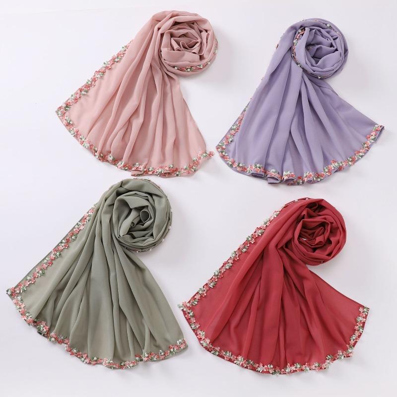 Chiffon small flower lace bead scarf Malaysian headscarf Hui gauze scarf female fresh and sweet square scarf