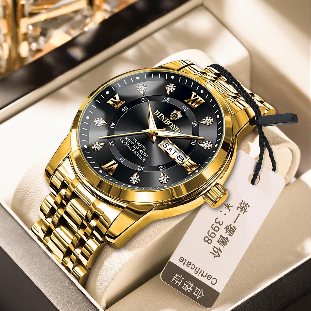 Binbang Men's Waterproof Quartz Watch with Luminous Dial, Rhinestone Accents, Dual Calendar, and Steel Strap.