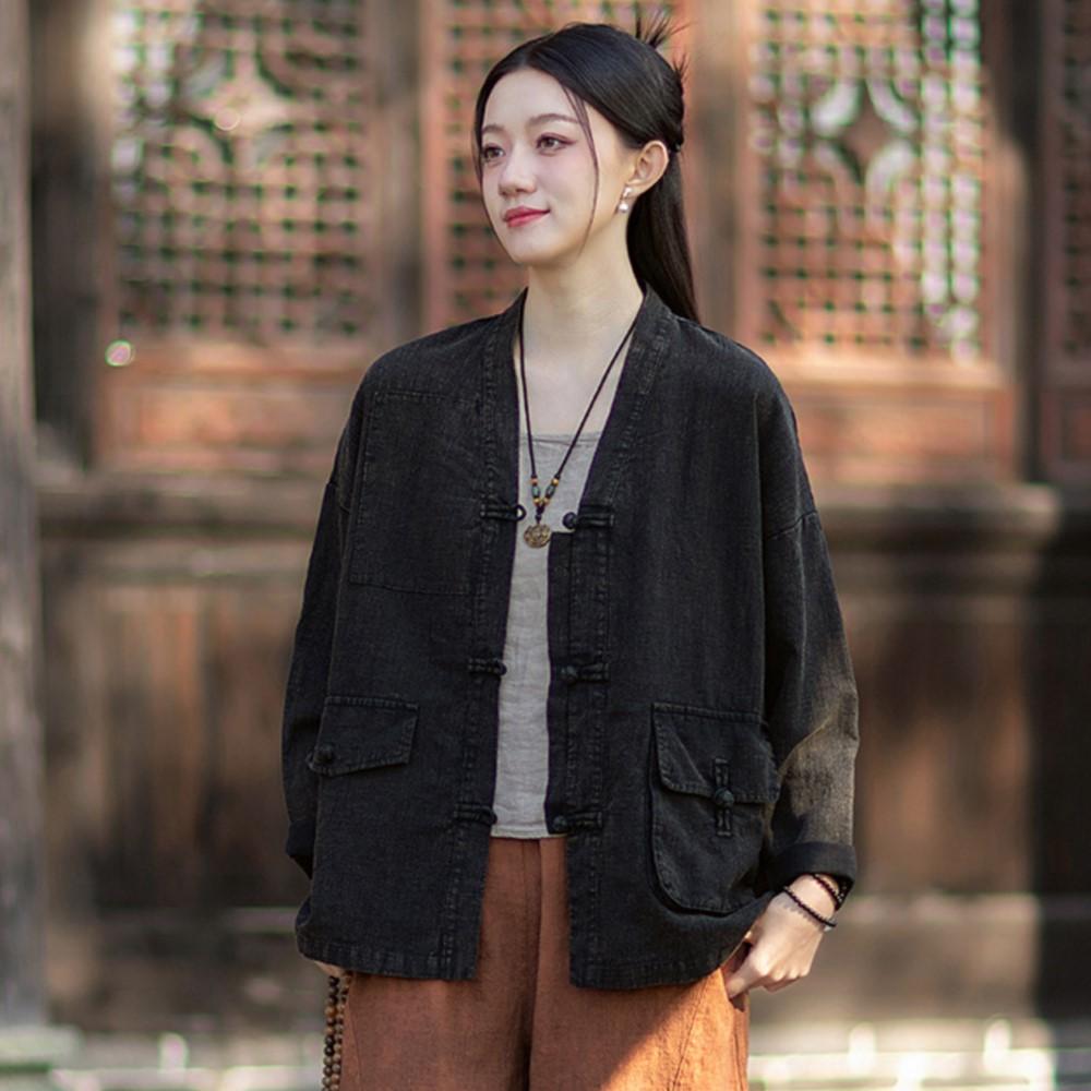 Johnature Women Vintage Shirts Tops Spring Chinese Style Button Blouses Patchwork Pockets Shirts