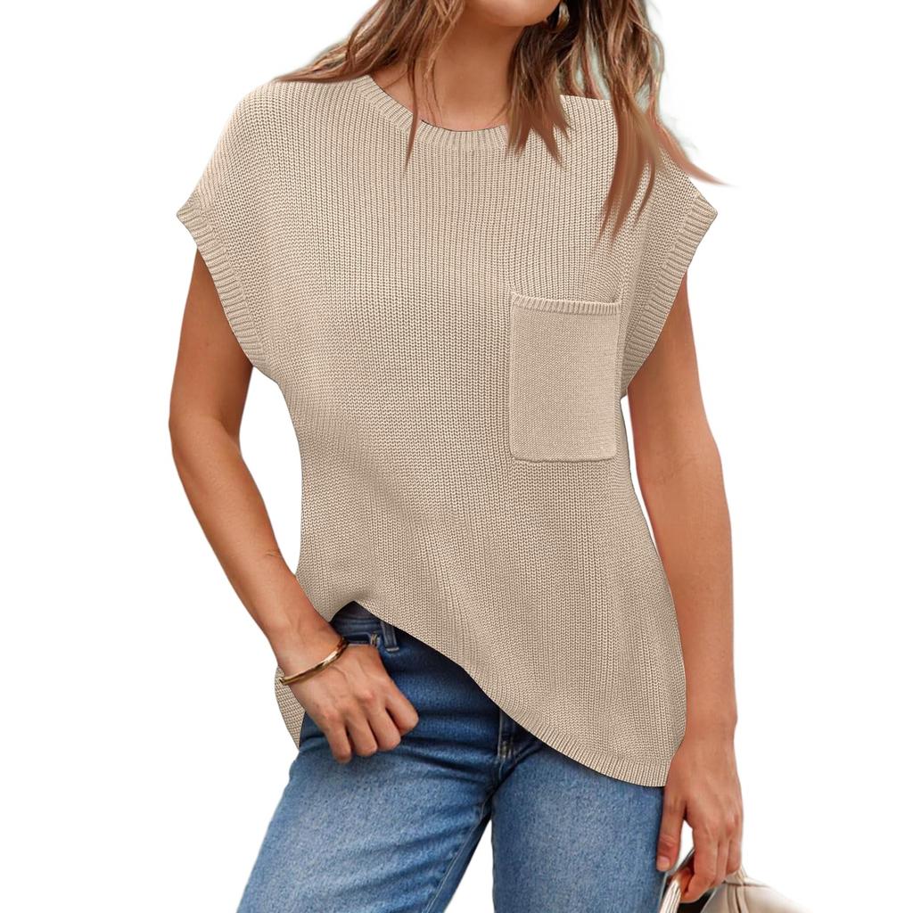 Maglione da Donna Casual a Maglia Larga con Maniche Corte, Leggero Pullover con Tasca, Perfetto per l'Uso Quotidiano