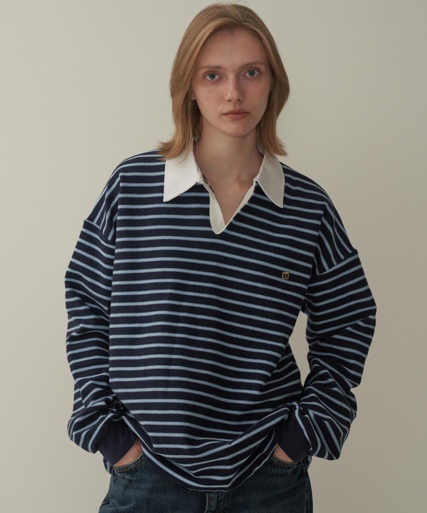MOTT V-Neck Collared Striped T-Shirt - Navy