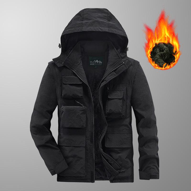 Winter Velvet Thickened Multi-pocket Cotton-padded Jacket Casual Detachable Sleeve Tooling Cotton-padded Jacket