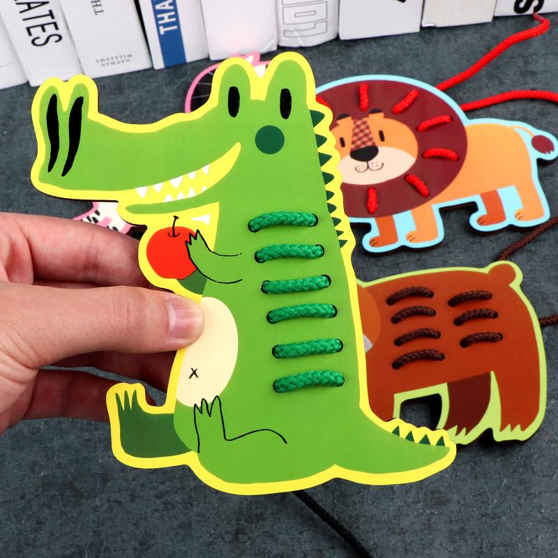 Wooden Animal And Fruit Lacing Board Educational Toy For Toddler Hand Eye Coordination Development