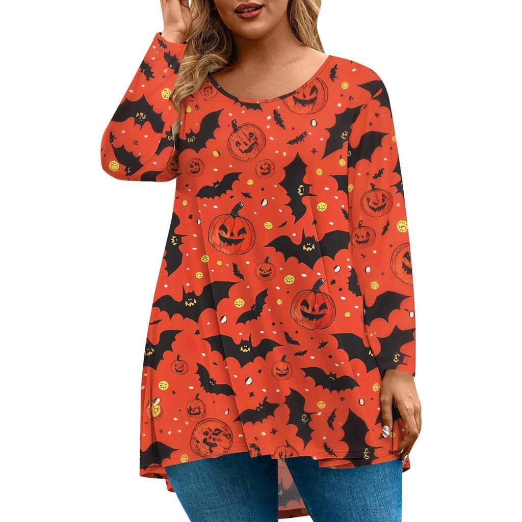 Women's Fashion Large Size Round Neck Long Sleeve Casual Halloween Print Loose Pullover Top