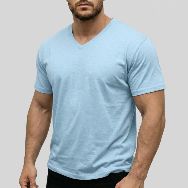Men V Neck Short Sleeve T Shirt Slim Fit Solid Color Casual Basic Top