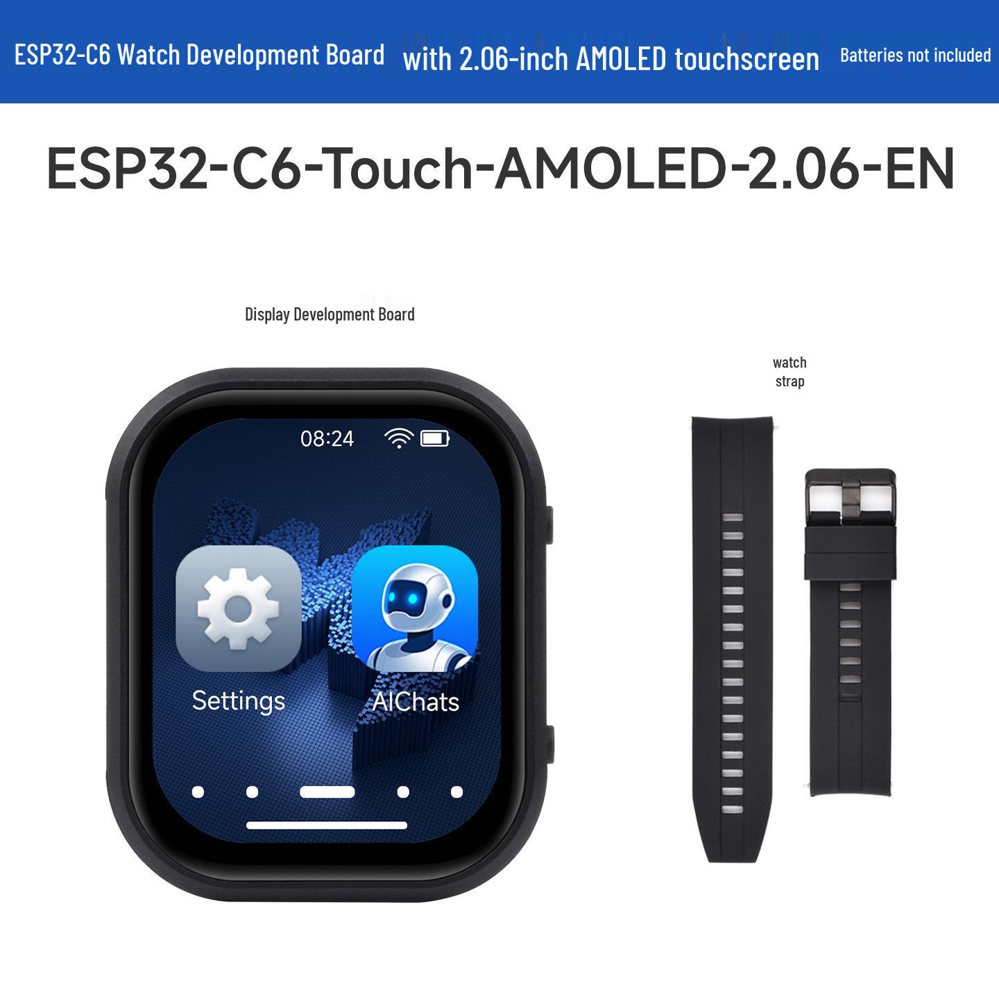 ESP32-C6 AMOLED Touch Watch: 2.06-in, 410x502 Resolution, XiaoZhi Compatible. ESP32-C6 with Battery