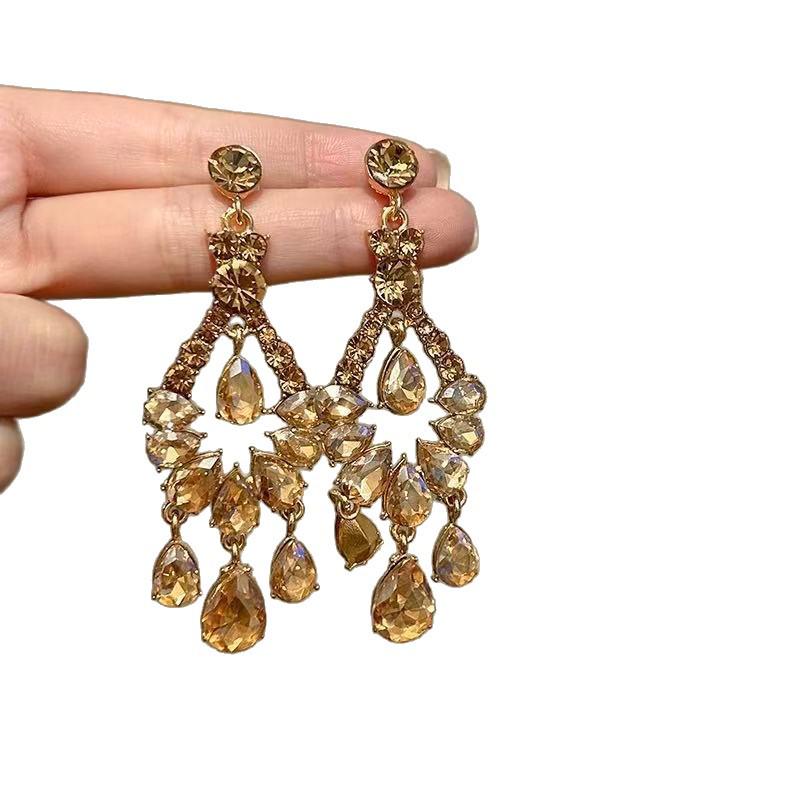 Elegant French Court Rhinestone Water Drop Tassel Earrings