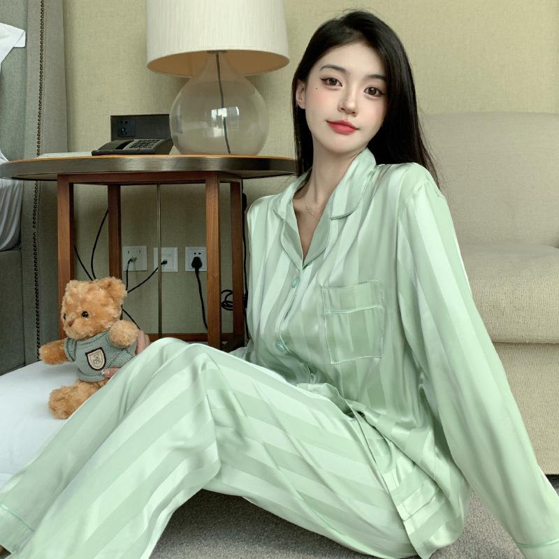 Autumn Green Small Fresh Stripes Comfortable Thin Can Be Worn Outside Pajamas Two-Piece Set Women