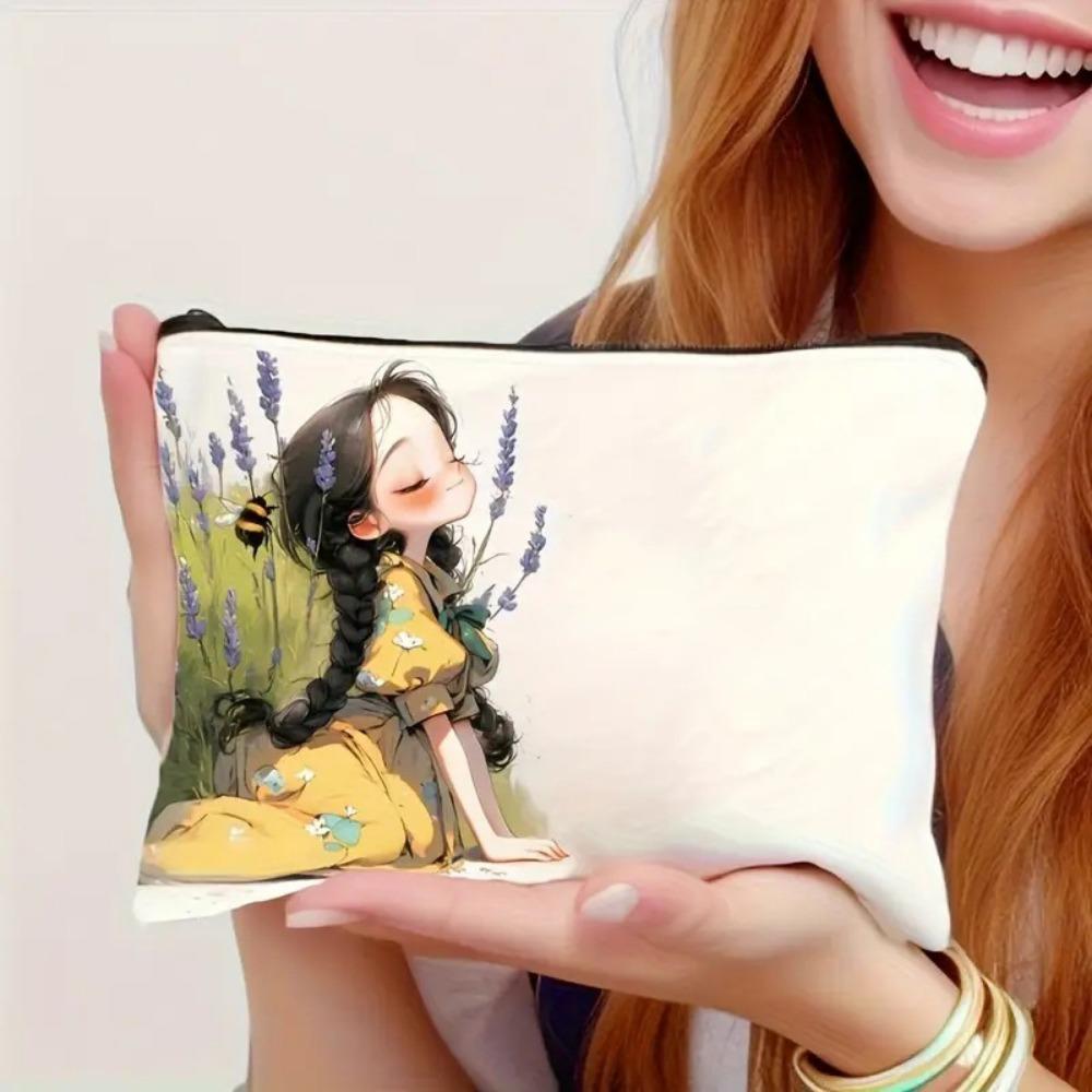 

Unique Canvas Makeup Bags Zipper Closure Cute Girl Pattern Girls Cosmetic Pouch Large Capacity Storage Handbag Girls