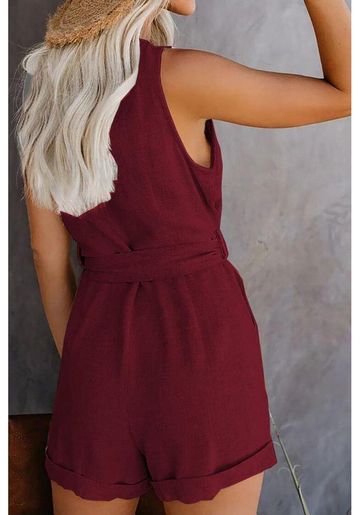 Women's Solid Color V-Neck Bow Jumpsuit - Summer 2025 Casual Capris