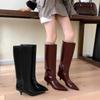 Winter Thin Low Heels Women Knee-High Boots Sexy Pointed Toe Stripper Party Shoes Ladies Elegant Wide Tube Long Booties Big Size