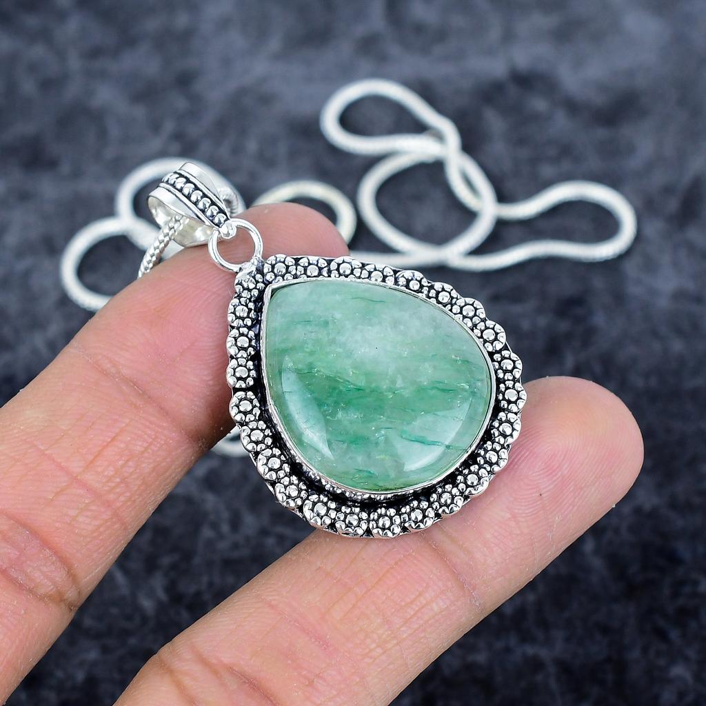 Green Apatite Gemstone Handmade 925 Sterling Silver Jewelry Pendant 1.89" M-2907