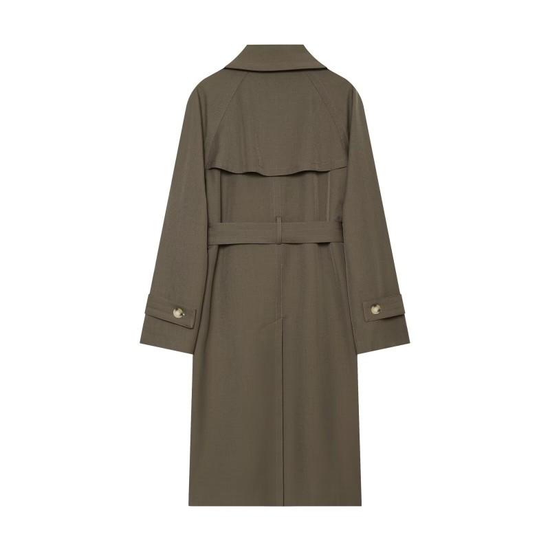 2025 Herbst Damen Langer Trenchcoat Revers mit Kerbe Zweireihig Gürtel Schmale Taille Britischer Stil Einfarbig Lässig