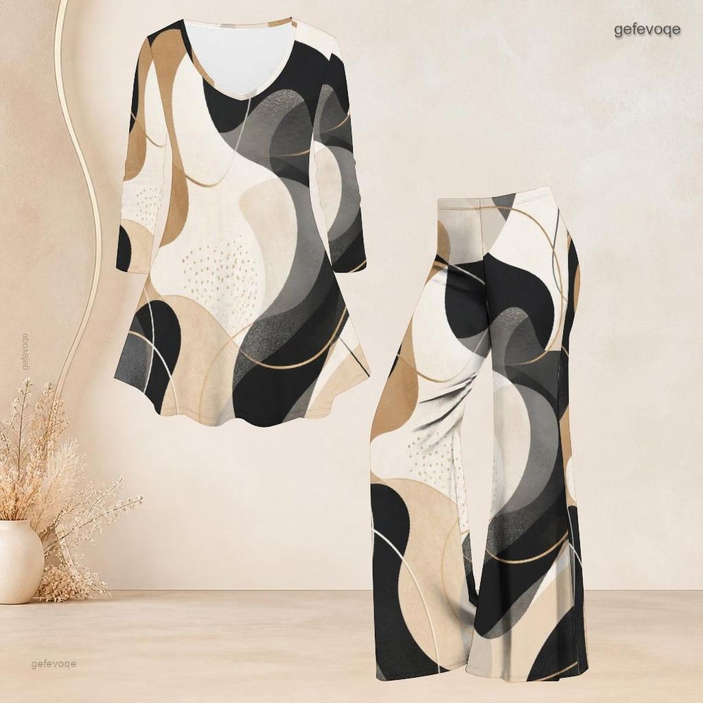 Women Plus Size Printed Round Neck Three Quarter Sleeve Flared Top And Flared Pants Two Piece Set