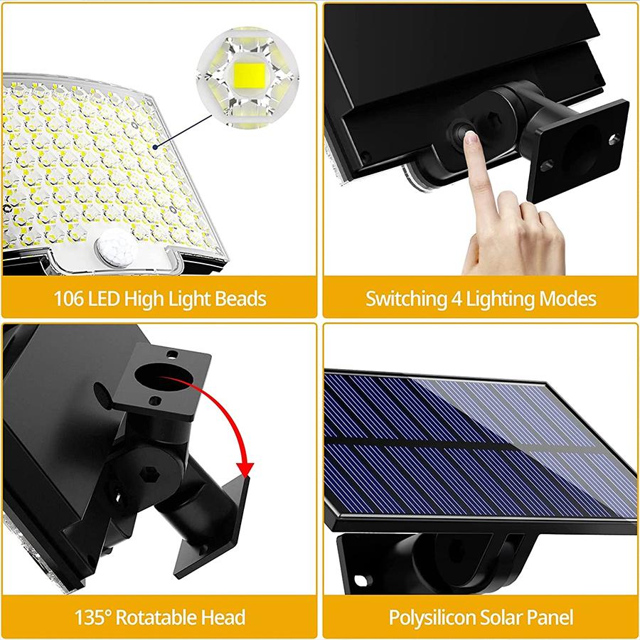 High Power 106LED Solar Outdoor Courtyard Wall Lamp Waterproof Sunlight with Sensor Remote Control Garden Decoration Street Lamp