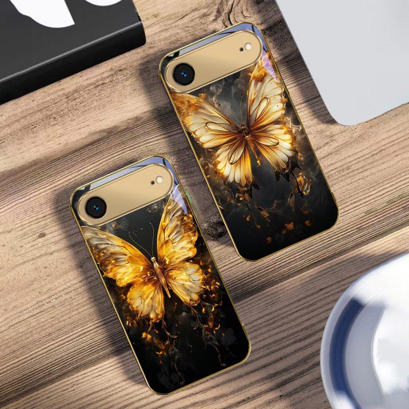 Flame Warm Butterfly For IPhone 17Pro Max 16 17 Pro 15 Pro 14 13 Plus 12 Mini 11Pro Max XR 16E 17Air Golden glass phone case