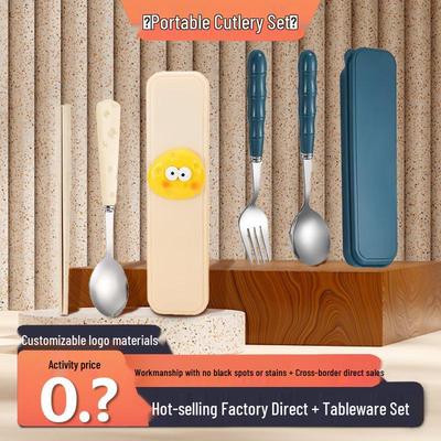 Cute Cartoon High-Value 410 Stainless Steel Cutlery Set: 3-Piece Set with Chopsticks, Fork, and Spoon