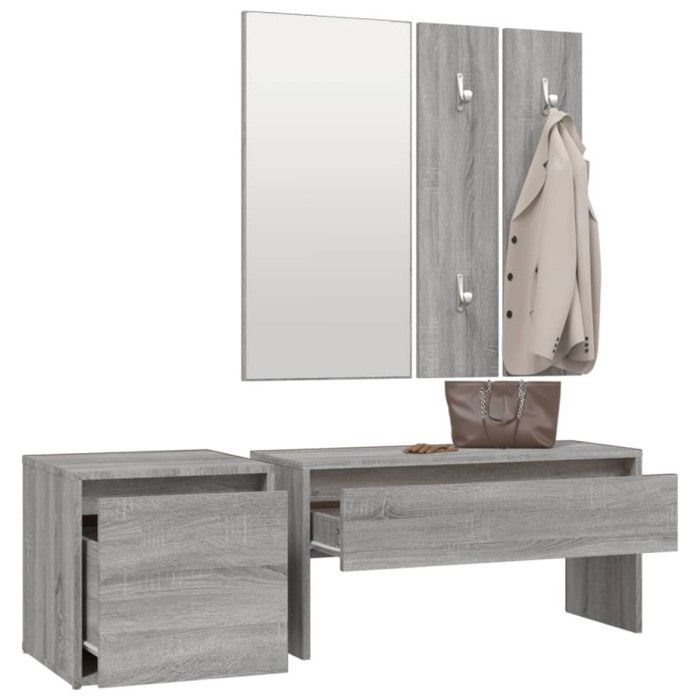 VidaXL Ensemble de Meubles de Couloir Banc d'Entrée Boîte de Rangement Miroir de Coiffeuse Porte-manteau Sonoma Gris Bois 3120195