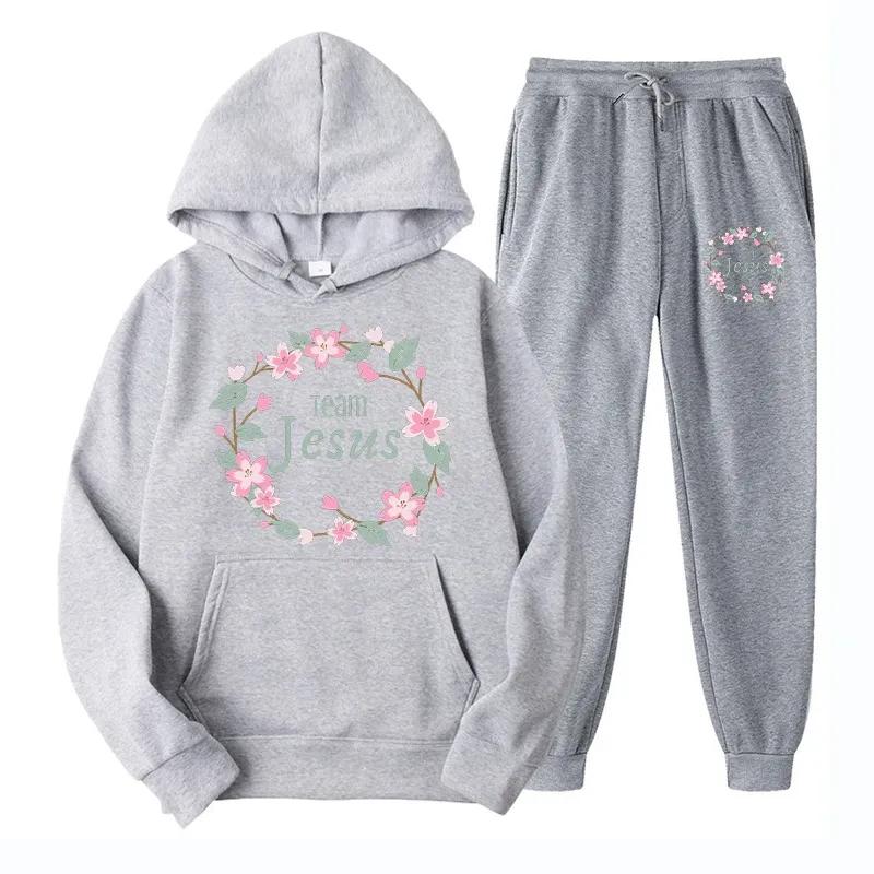 

Чоловічі толстовки з принтом квітів Ісуса Комплект штанів для бігу Пуловери Світшоти Спортивні штани Костюм для чоловіків Теплий худі Теплий вуличний одяг L