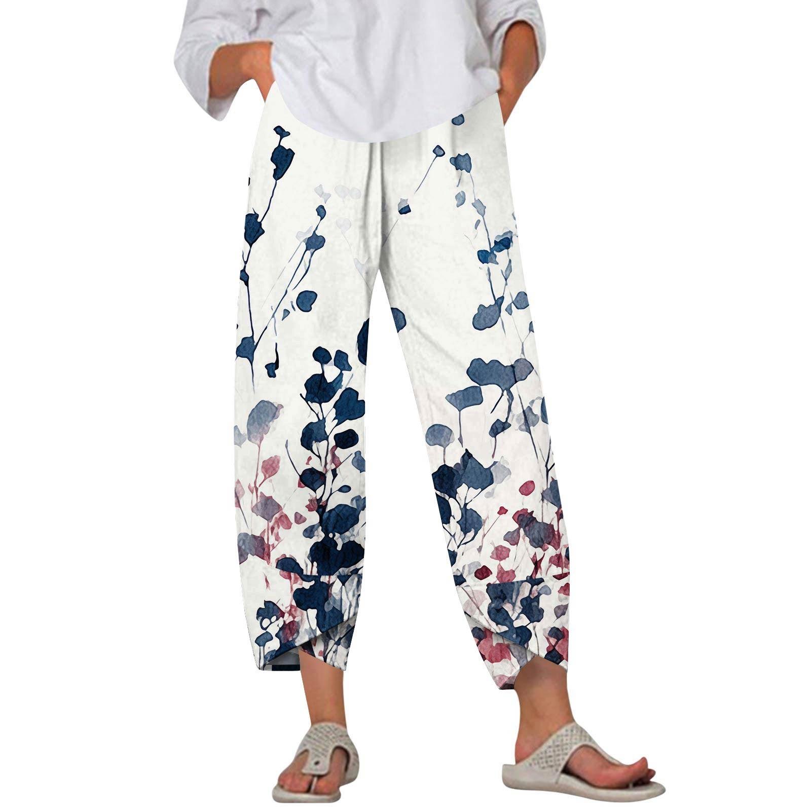 

Брюки женские летние повседневные широкие брюки с эластичной резинкой на талии и принтом с карманами XL