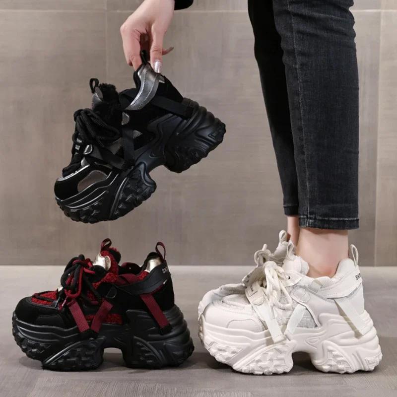 Fashion 9.5CM Women Microfiber Leather Spring Chunky Sneakers Winter Plush Fashion Ankle Booties Autumn Platform Wedge Flats Shoes