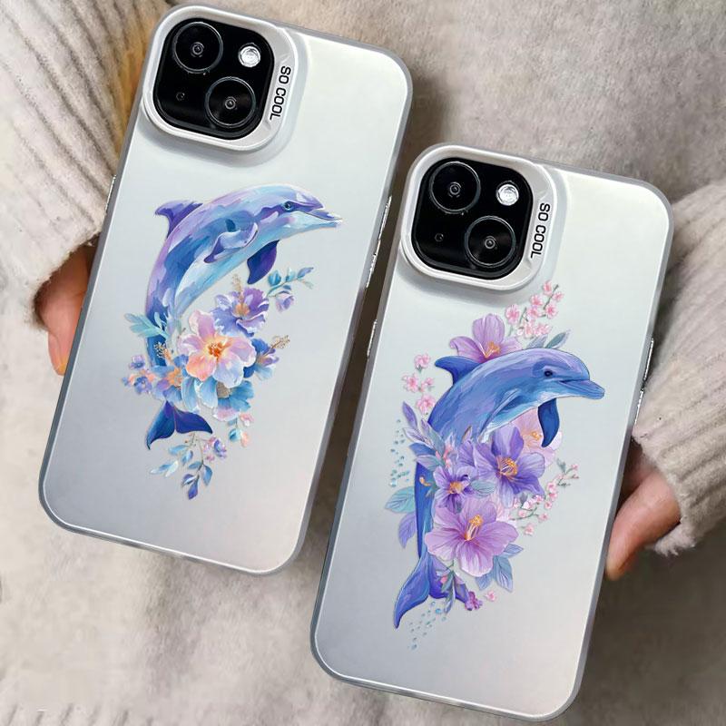 Ins Cute Animal Dolphin Flower Laser Phone Case for IPhone 17 16 Pro Max 14 15 Pro Max Plus 13 Mini 12 11 Pro Max Cartoon Shells
