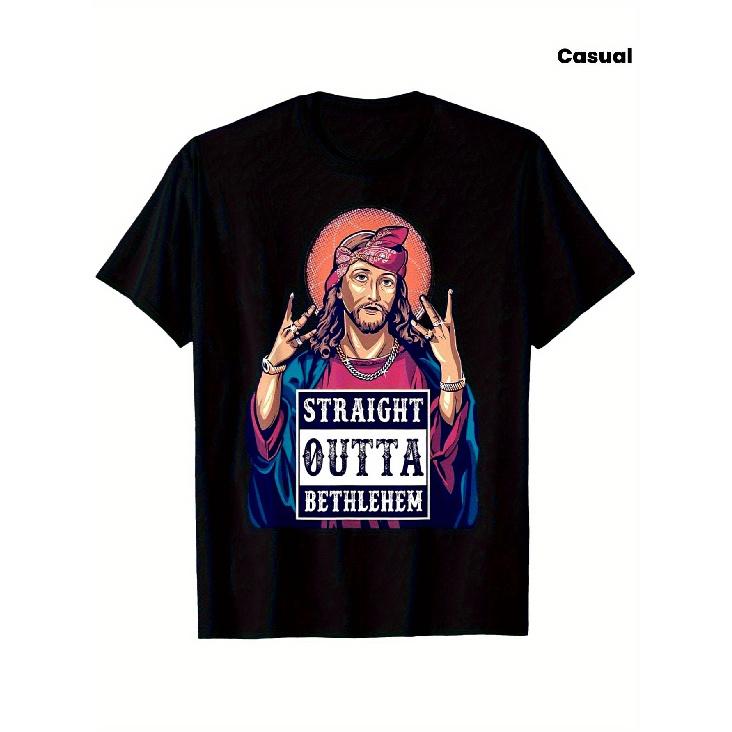 Funny Christian Straight Outta Bethlehem T-Shirt - 100% Retro Graphic Tee On Hand Gesture & Golden Chains Design, Loose Fit Short Sleeve Crew Neck S чёрный