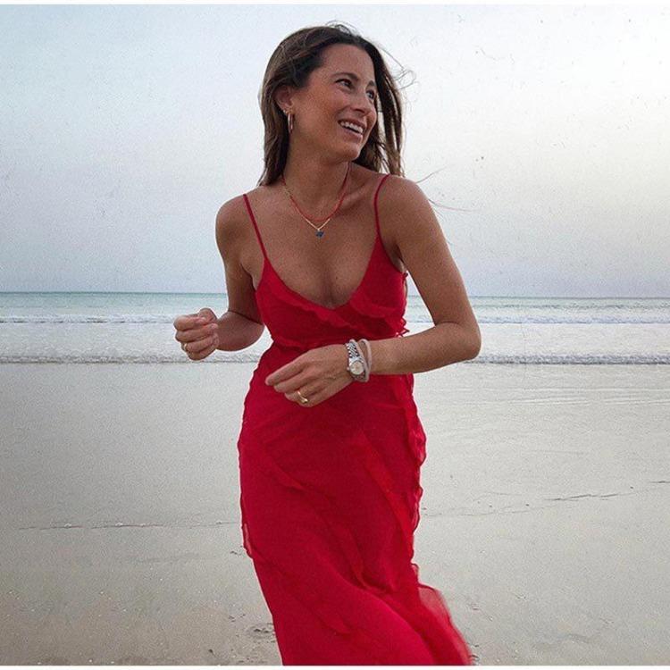 

Элегантные сексуальные женские сарафаны с открытой спиной, без рукавов, с рюшами на бретельках, вечернее клубное платье макси M красный