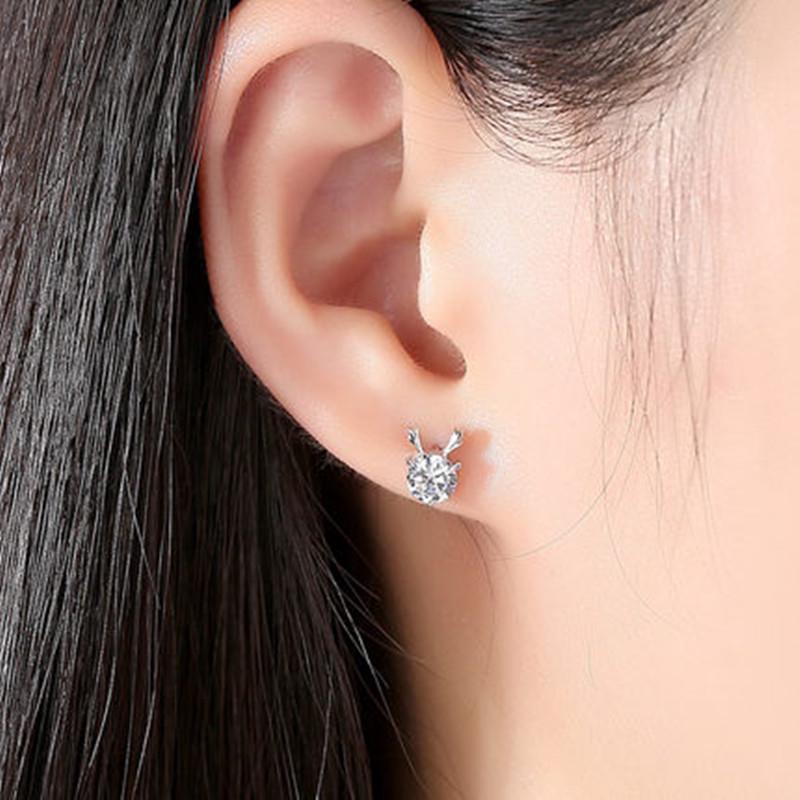 Antler Stud Earrings: S925 Sterling Silver, Simple Diamond, Little Fawn Design, Women's Korean Christmas Jewelry