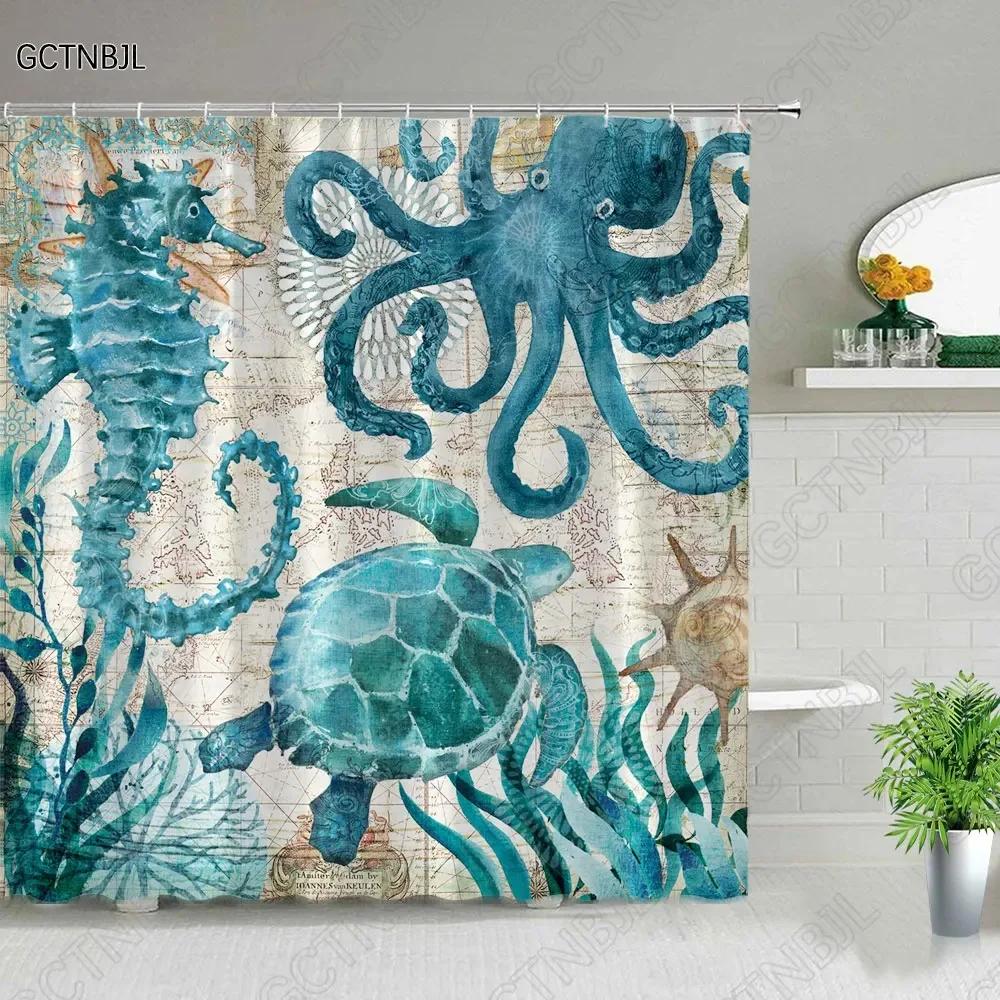 Colorful Cartoons Fish Shark Shower Curtains Ocean Life Children's Bathroom Home Decor Cloth Curtain Set Waterproof Bath Screens