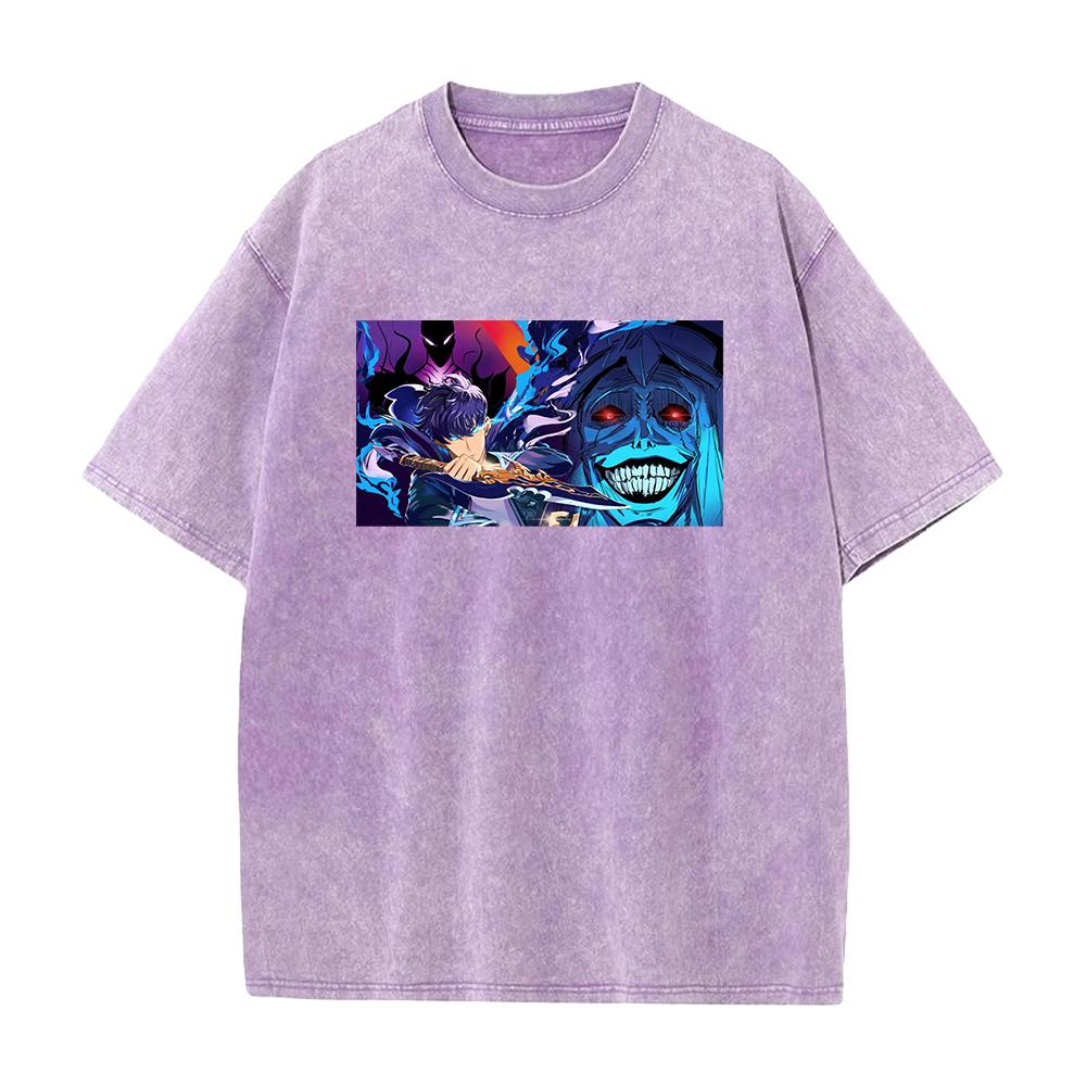 Hot Anime Solo Leveling Sung Jin-Woo Print Washed T-shirt Men Manga Cotton Tshirts Casual Loose Tee Harajuku Male Street T Shirt