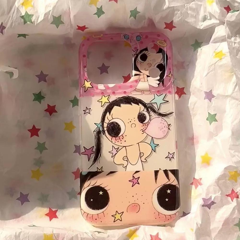 Kawaii Big-Eyed Girl Phone Case for Samsung Galaxy S26 S25 S24 S23 S22 S21 FE Ultra Plus 4G 5G Feather Texture Back Cover