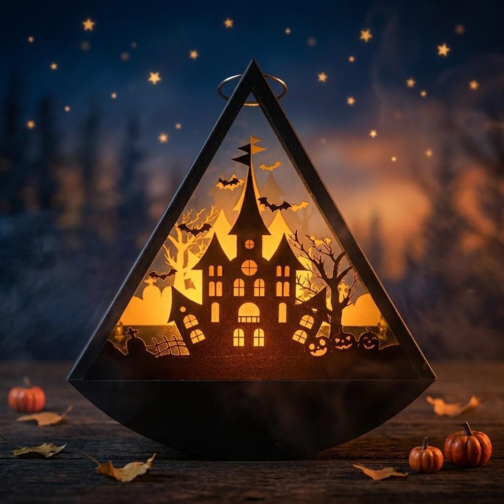Halloween Swag Triangle Wind Lamp With Witch Ghost Pumpkin Print For Party Decorations And Gifts