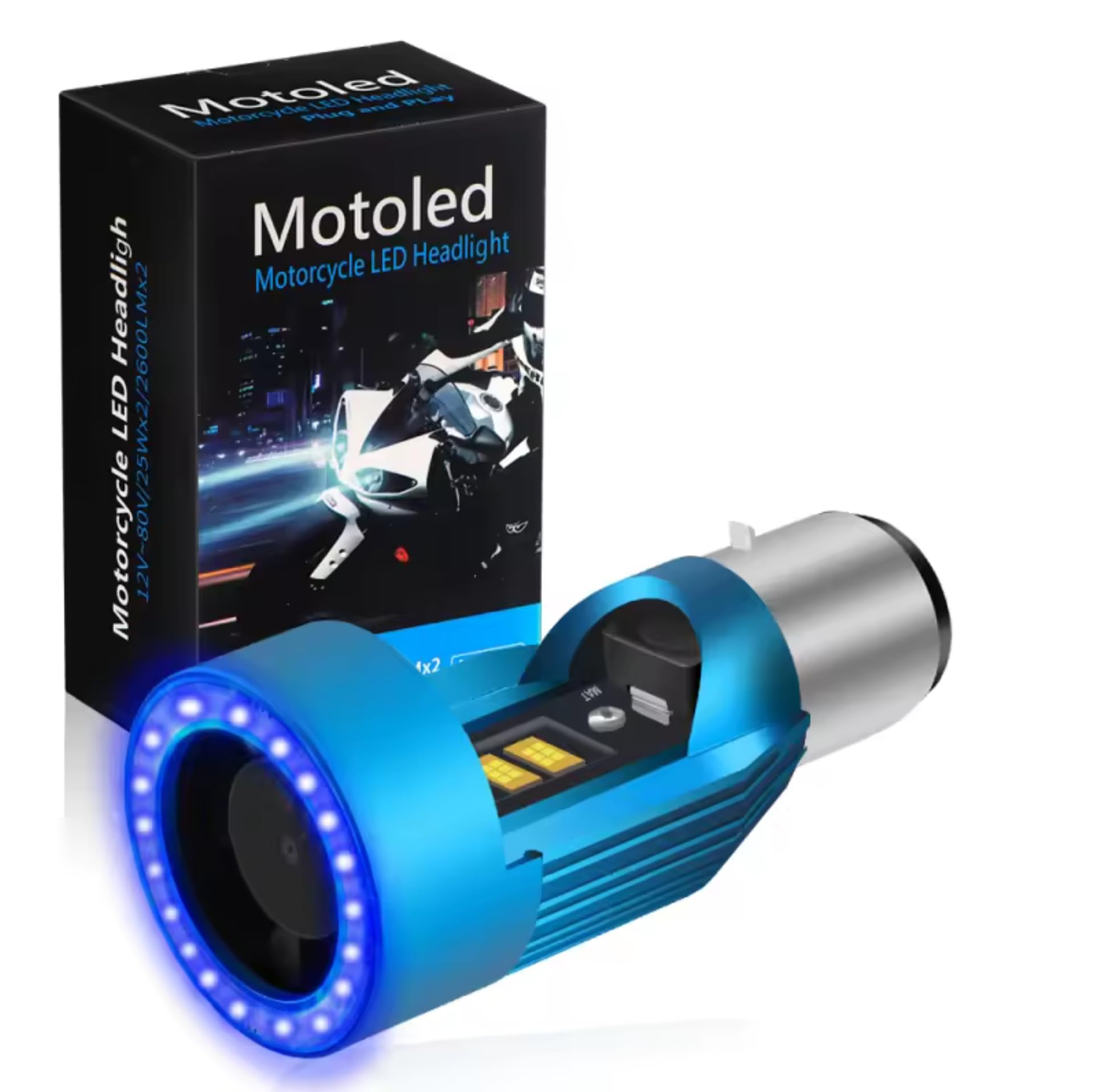 

Super Bright BA20D H4BS LED Motorcycle Headlight, White, Blue, Angel Eye, Built-In Squid Ring,