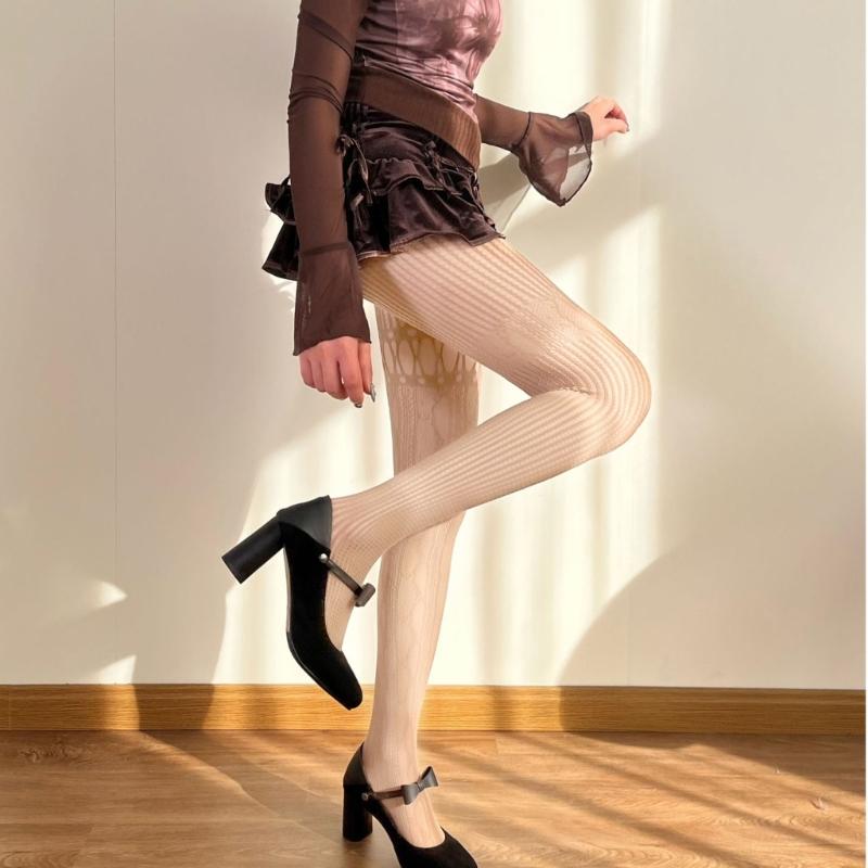 Women Aesthetic Sexy Hollowed Out Fishnet Pantyhose Asymmetrical Lace Patchwork Patterned See Through Tights Stockings