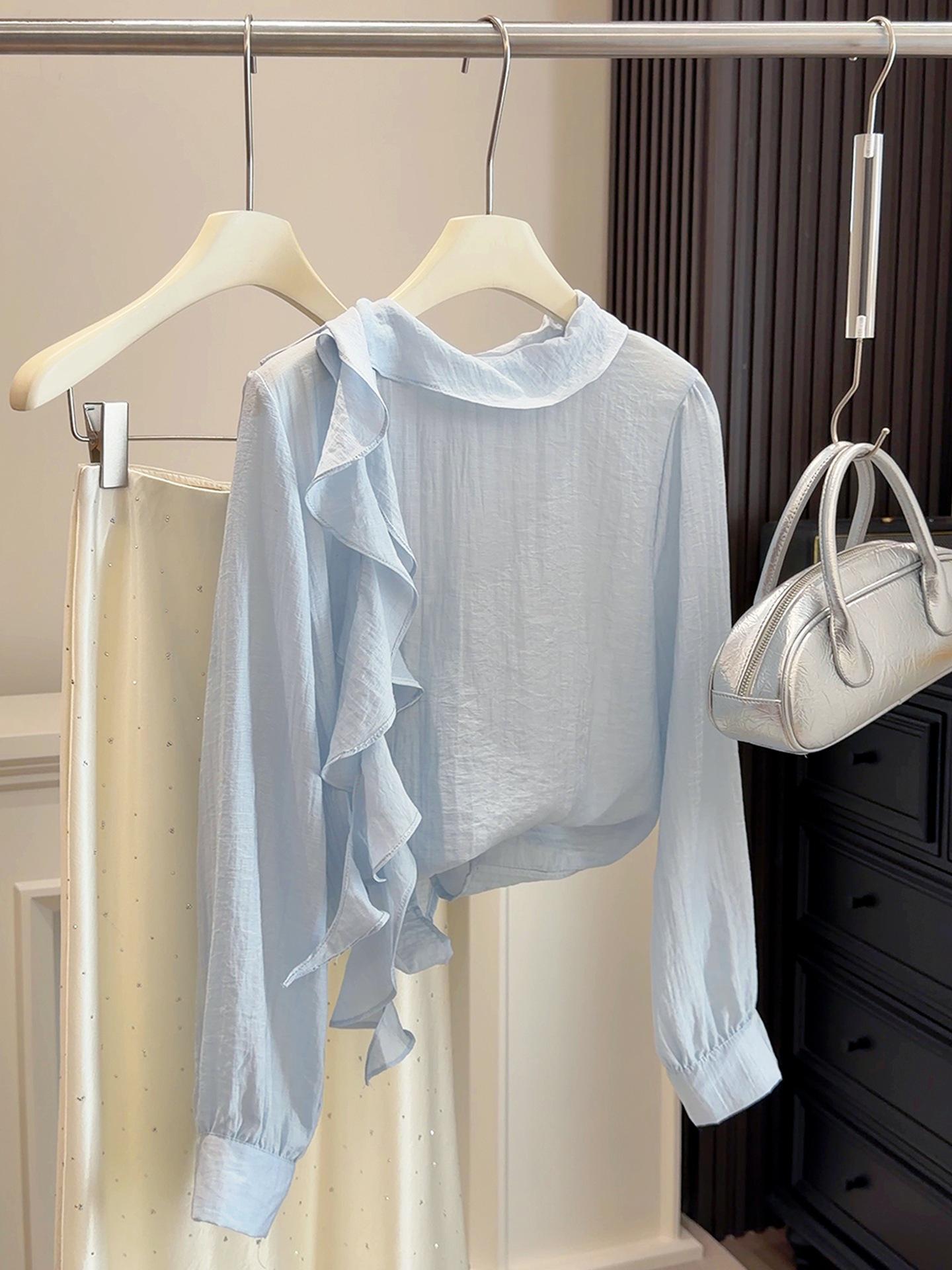 Korean Style Ruffled Ribbon Shoulder Button Shirt – Women s Spring Loose Fit Top One Size синий