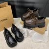 thick-soled brown small leather shoes for women in spring 2025, new lace-up British style versatile loafers, height-increasing single shoes for women