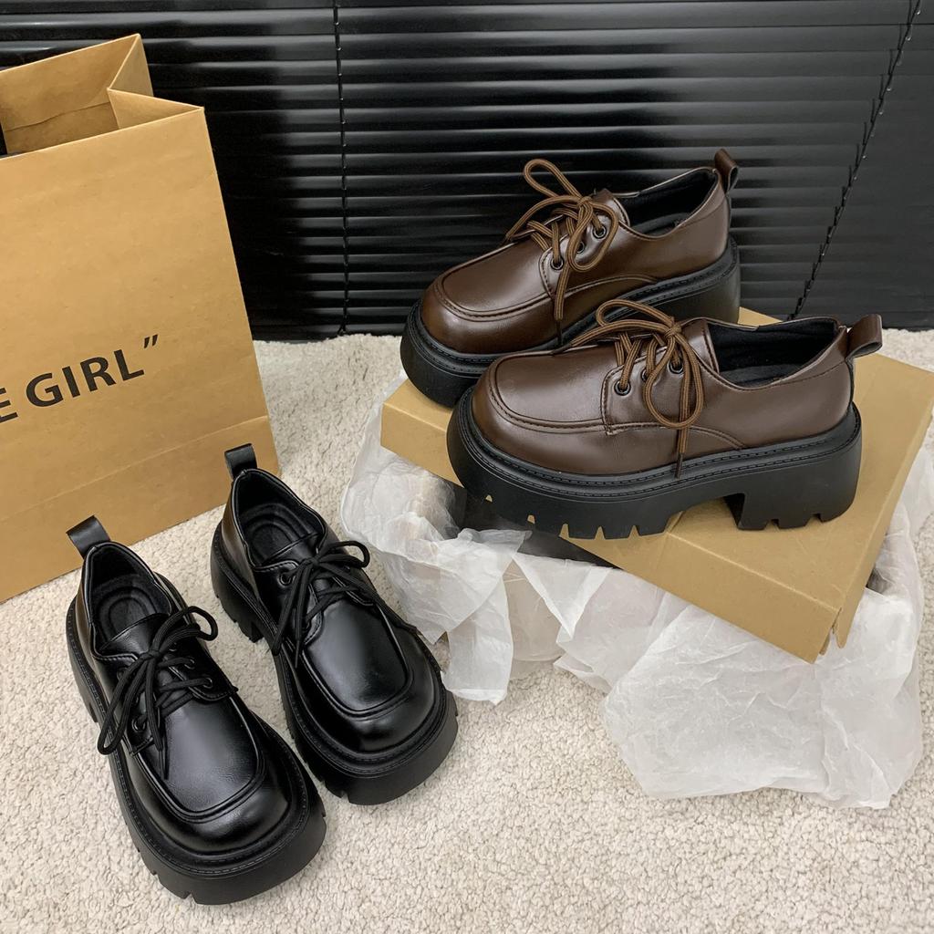 thick-soled brown small leather shoes for women in spring 2025, new lace-up British style versatile loafers, height-increasing single shoes for women
