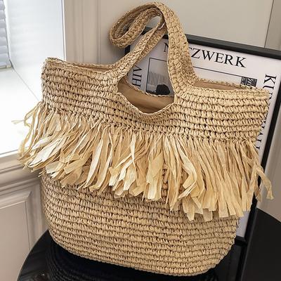 New Straw Woven Bag Women's Fringed Niche Woven Bag Shoulder Bag Large Capacity Seaside Beach Vacation Tote Bag