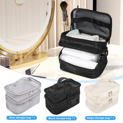 Double Layer Mesh Makeup Bag Large Capacity Transparent Travel Toiletry Bag with Handle Portable Cosmetic Storage Bag for Travel