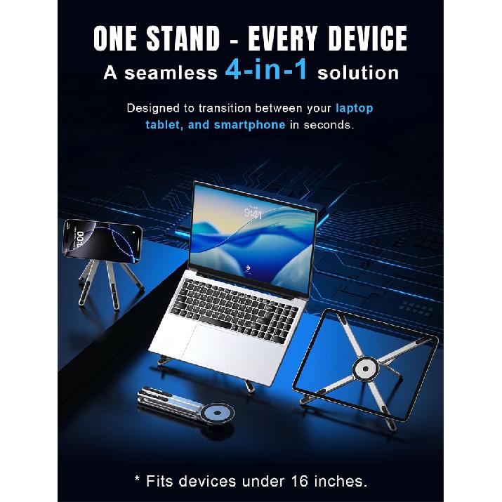 4 in 1 Foldable Laptop Stand Magnetic Phone Holder Aluminum Portable Desk Mount with Tripod Handle for Pro iPad Travel Vlogging 7