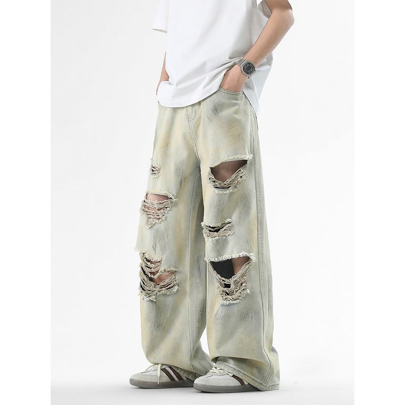Wassup American Retro Ripped Jeans for Men and Women 2025 New Loose High Street Straight Casual Wide-Leg Pants