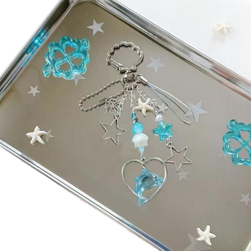 Beautiful Blue Dolphin Clovers Shell Beaded Keychain Handmade Accessory Stylish Key Holder Gift For Friend