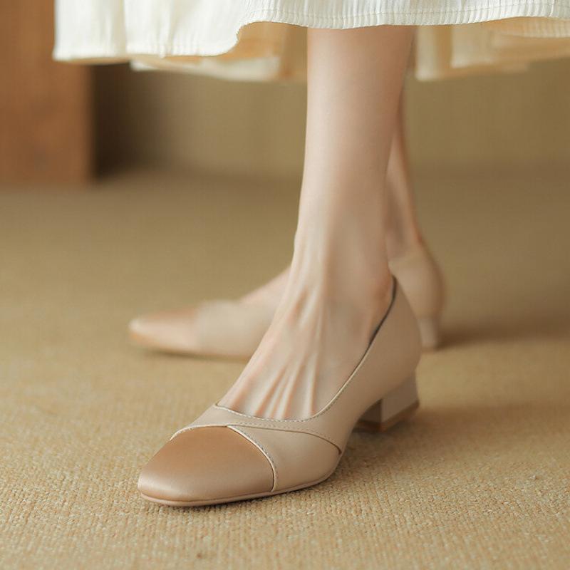 New color matching women's single shoes women's leather shoes square head low heel flat shoes casual low-top shoes one pedal lazy shoes